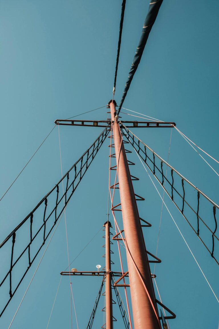 A vertical shot of a tall metal structure with cables against a clear blue sky.